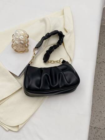 新款时尚复古通勤黑色简约褶皱单肩云包，日式包包，复古风复古女包