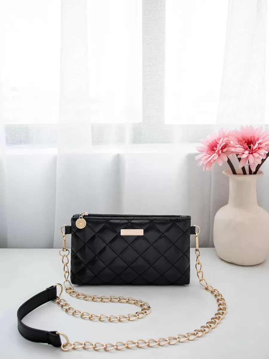 Quilted Square Bag Mini Zipper Black Elegant - Black - View 1