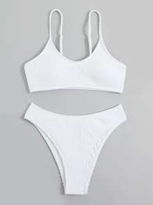 Swim Vcay Summer Beach Plain High Waist Bikini Set - White - View 5