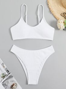 Swim Vcay Summer Beach Plain High Waist Bikini Set - White - View 6