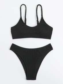 Swim Vcay Summer Beach Plain Bikini Set - Black - View 5