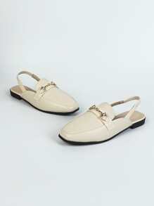 女士金屬裝飾方頭優雅露跟平底鞋 - 米色 - 查看 6
