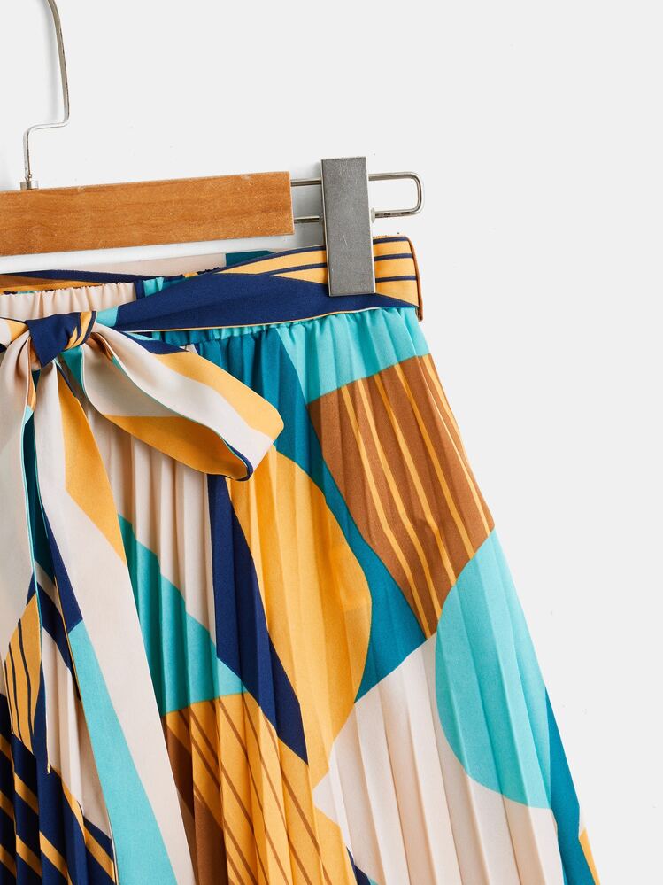 SHEIN Clasi Jupe à imprimé patchwork plissé ceinturé - Multicolore - Voir 4