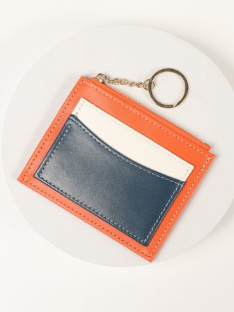 Portacarte con cerniera in colorblock, portachiavi in PU, portafoglio da donna mini, portamonete