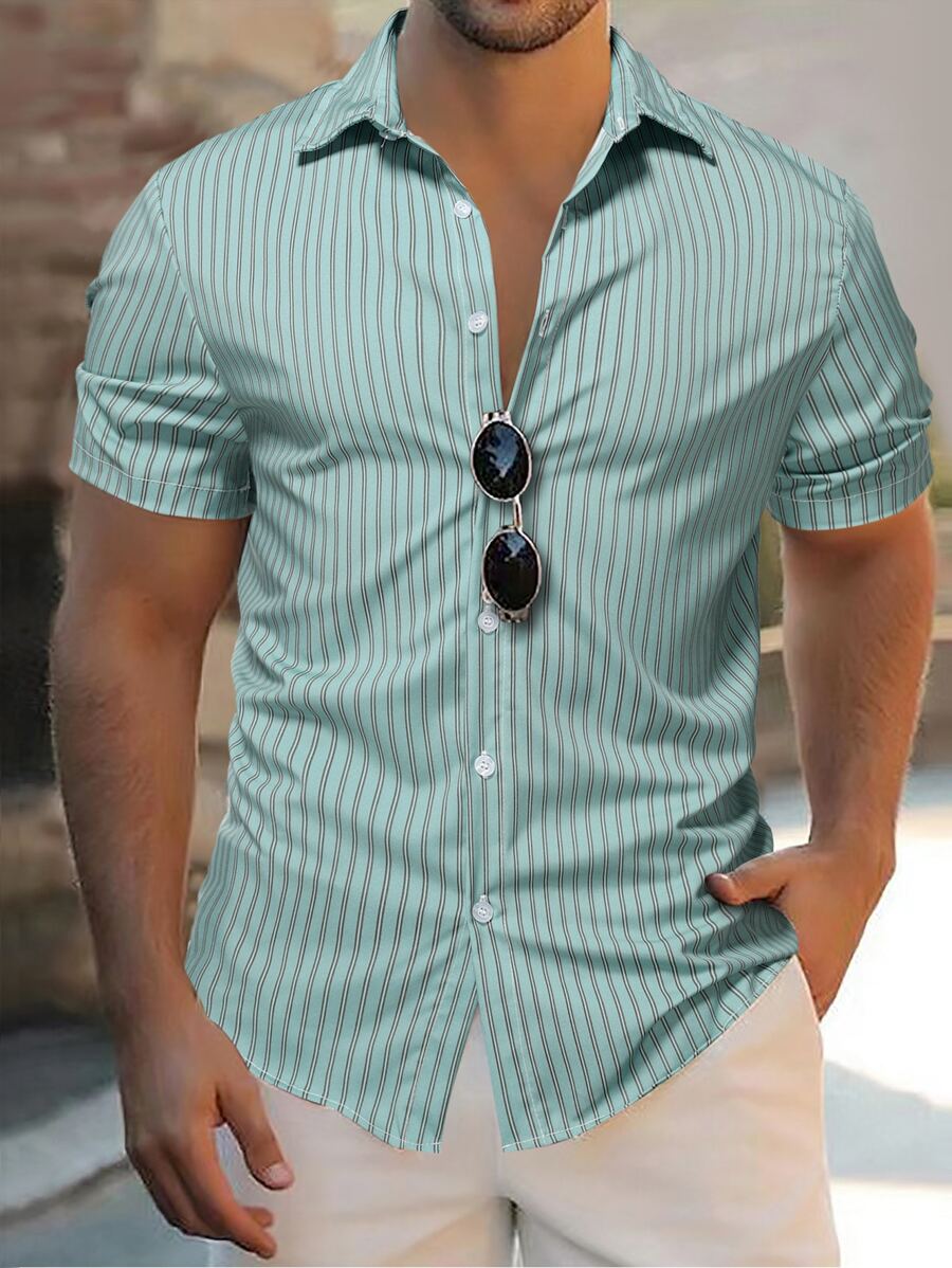 Manfinity Homme Áo sơ mi Nam Nút phía trước Sọc Giải trí - Màu xanh bạc hà - Xem 1