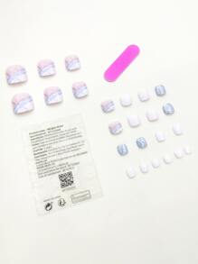 轉換你指甲片帶24入組短方形白色條紋圖案金屬亮絲假腳趾甲和1入組指甲銼和1張膠帶 - 彩色 - 查看 2