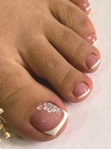 Upgrade Your Style With 24pcs/set Square Shaped Simplistic French Style White Edged Rose Floral False Nails For Parties, Dance Balls, Dates, Afternoon Teas And Daily Wear - Multicolor - View 1