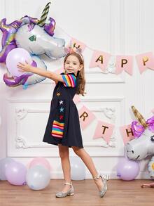 小女童彩虹條紋和星星印花荷葉邊洋裝 - 寶藍色 - 查看 5