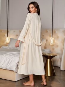 PalaceNights Flounce Sleeve Open Front Belted Robe & Cami Dress PJ Set / Pajama Set Holiday Season - Apricot - View 2