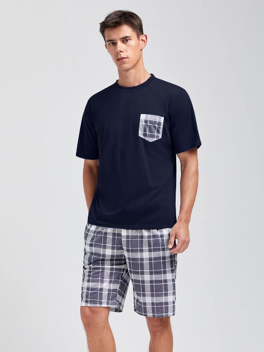 Men Plaid Print Patch Pocket PJ Set - Navy Blue - View 1