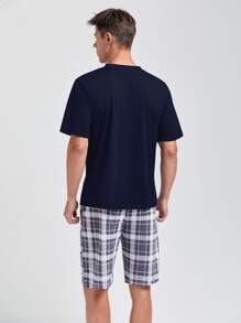 Men Plaid Print Patch Pocket PJ Set - Navy Blue - View 2