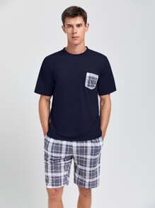 Men Plaid Print Patch Pocket PJ Set - Navy Blue - View 3