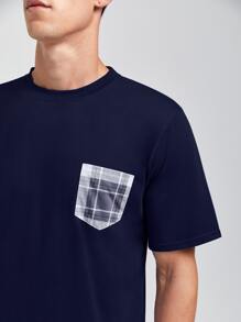 Men Plaid Print Patch Pocket PJ Set - Navy Blue - View 4