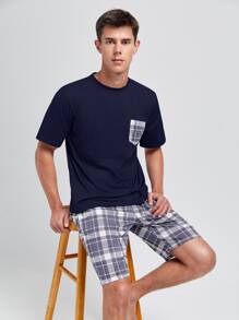 Men Plaid Print Patch Pocket PJ Set - Navy Blue - View 5
