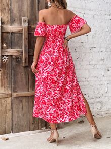 SHEIN VCAY 滿版植物印花一字肩高衩連衣裙不附腰帶 - 紅色 - 查看 2
