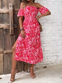 SHEIN VCAY 滿版植物印花一字肩高衩連衣裙不附腰帶 - 紅色 - 查看 1