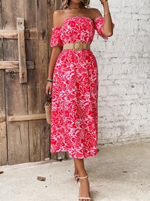 SHEIN VCAY 滿版植物印花一字肩高衩連衣裙不附腰帶 - 紅色 - 查看 6