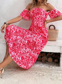 SHEIN VCAY 滿版植物印花一字肩高衩連衣裙不附腰帶 - 紅色 - 查看 5