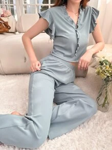 荷葉邊前紐扣休閒服套裝 - 霧霾藍 - 查看 1