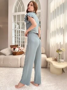 荷葉邊前紐扣休閒服套裝 - 霧霾藍 - 查看 3