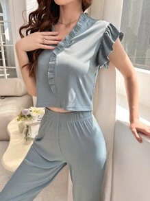 荷葉邊前紐扣休閒服套裝 - 霧霾藍 - 查看 4