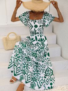 Breezaya 滿版印花方領荷葉邊連衣裙 - 白色 - 查看 1