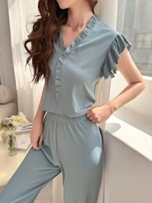 荷葉邊前紐扣休閒服套裝 - 霧霾藍 - 查看 6