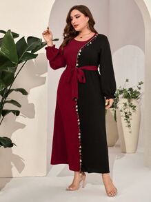 Mulvari 勃艮第红色加双色流苏饰边束带连衣裙 - 酒紅色 - 查看 3