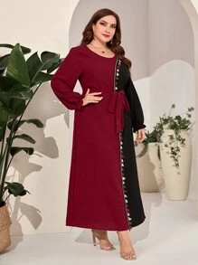 Mulvari 勃艮第红色加双色流苏饰边束带连衣裙 - 酒紅色 - 查看 4