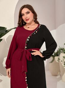 Mulvari 勃艮第红色加双色流苏饰边束带连衣裙 - 酒紅色 - 查看 5