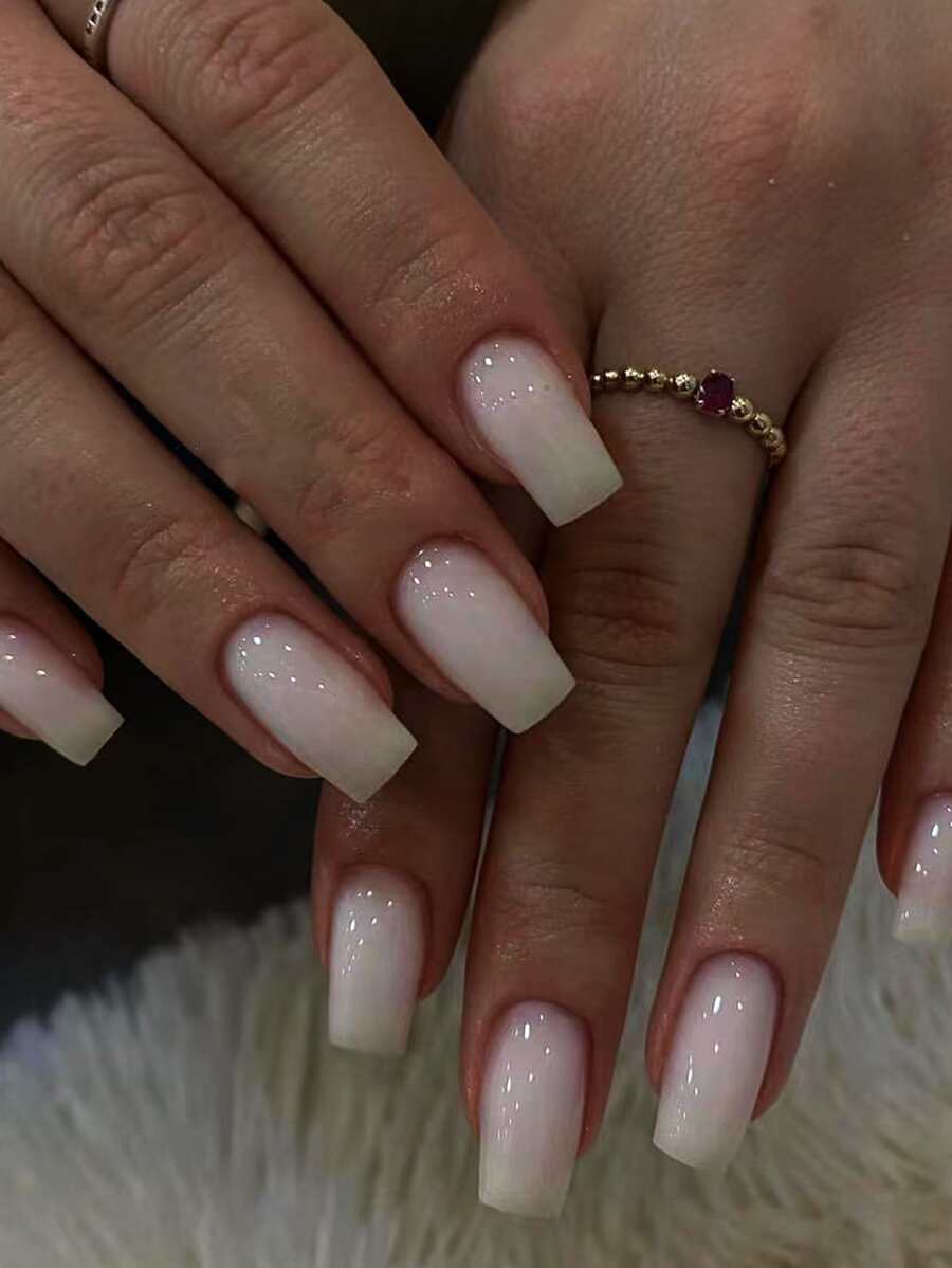 Instantly Upgrade Your Look with 24pcs Long Square Beige Glossy Ombre Fake Nail & 1pc Nail File & 1sheet Tape - Multicolor - View 1