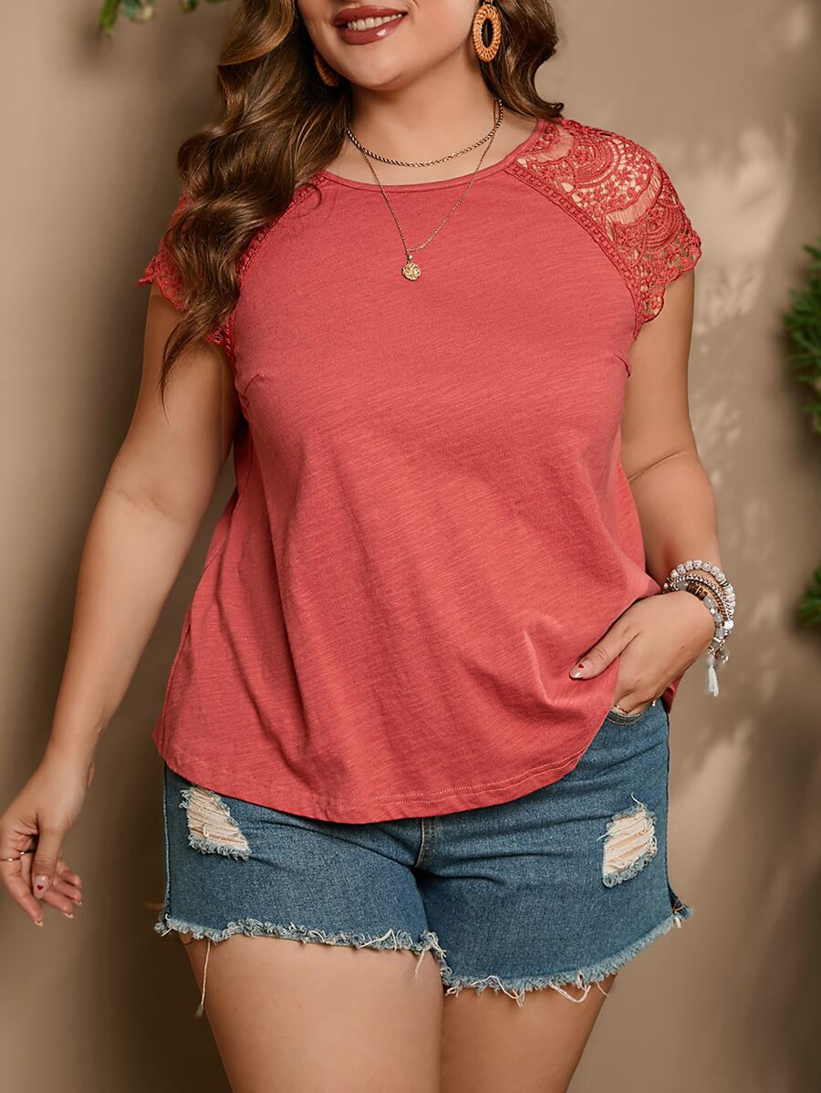 SHEIN LUNE Áo thun Plus size Tương phản ren màu trơn Giải trí - Màu hồng gỉ - Xem 1