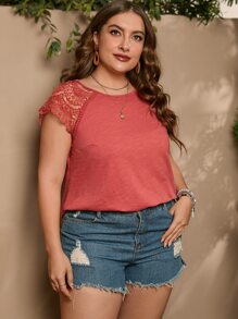 SHEIN LUNE Áo thun Plus size Tương phản ren màu trơn Giải trí - Màu hồng gỉ - Xem 5
