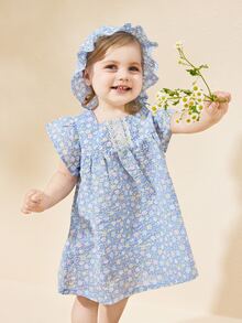 Baby Girls' Lovely And Fresh Blue Floral Top With Dress And Decorative Hat - Blue - View 3