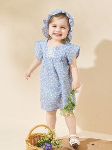 Baby Girls' Lovely And Fresh Blue Floral Top With Dress And Decorative Hat - Blue - View 4