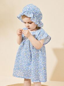 Baby Girls' Lovely And Fresh Blue Floral Top With Dress And Decorative Hat - Blue - View 5