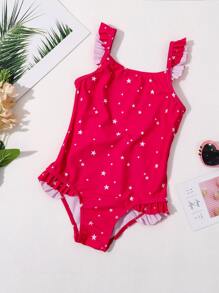 Toddler Girls Star Print Ruffle Trim One Piece Swimsuit - Red - View 1
