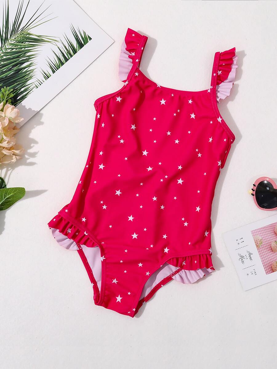 Toddler Girls Star Print Ruffle Trim One Piece Swimsuit - Red - View 1