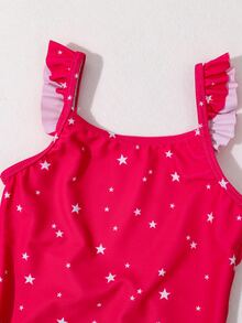 Toddler Girls Star Print Ruffle Trim One Piece Swimsuit - Red - View 3