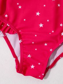 Toddler Girls Star Print Ruffle Trim One Piece Swimsuit - Red - View 4