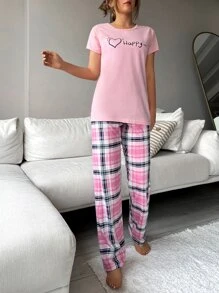 RueChic Conjunto de pijama con corazón con con estampado de cuadros - Rosa - Ver 2