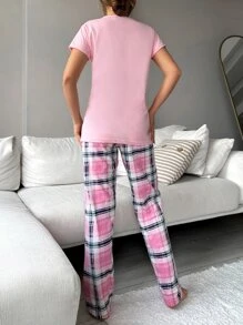 RueChic Conjunto de pijama con corazón con con estampado de cuadros - Rosa - Ver 3