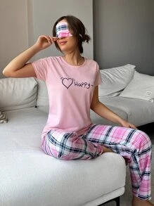 RueChic Conjunto de pijama con corazón con con estampado de cuadros - Rosa - Ver 4