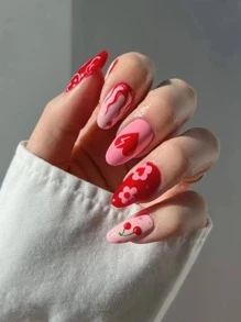 Transform Your Nails with 24pcs Long Almond Red Flame Heartbreak Cherry Flower Pattern Fake Nail & 1sheet Tape & 1pc Nail File - Multicolor - View 1