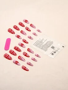 Transform Your Nails with 24pcs Long Almond Red Flame Heartbreak Cherry Flower Pattern Fake Nail & 1sheet Tape & 1pc Nail File - Multicolor - View 2