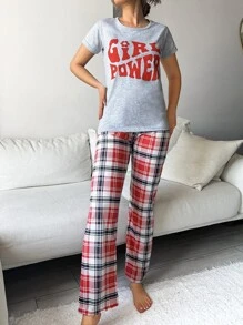 RueChic Plaid And Letter Graphic PJ Set - Multicolor - View 1