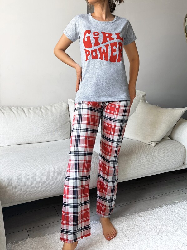 EURMUSE Plaid And Letter Graphic PJ Set