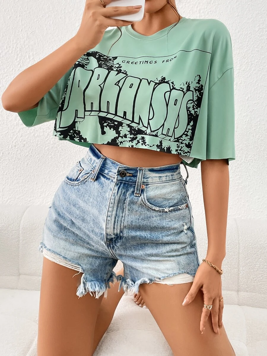 SHEIN Unity Letter Graphic Drop Shoulder Crop Tee - Mint Green - View 1