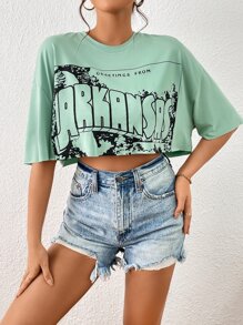 SHEIN Unity Letter Graphic Drop Shoulder Crop Tee - Mint Green - View 3