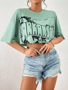 SHEIN Unity Letter Graphic Drop Shoulder Crop Tee - Mint Green - View 5